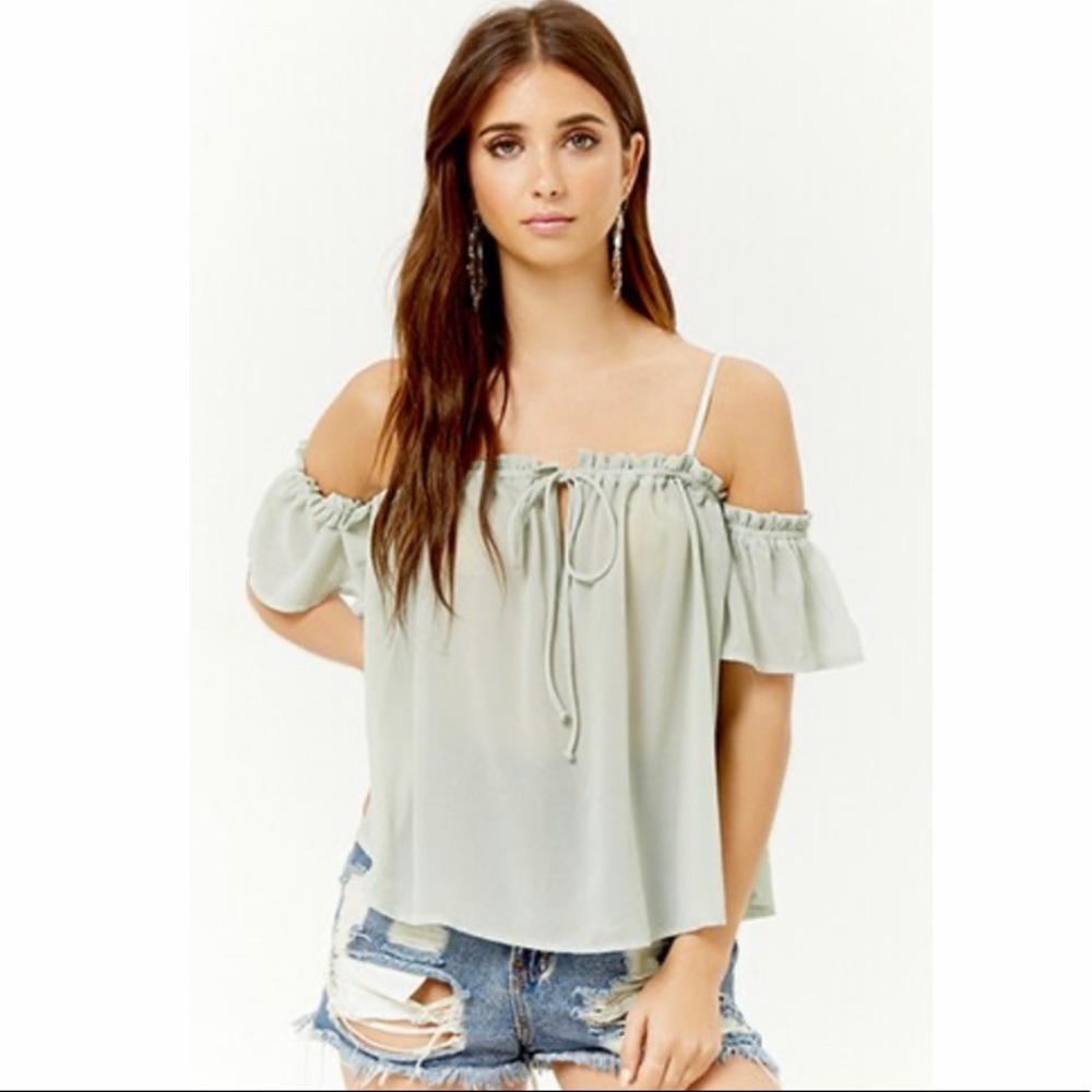 Ruffle Open-Shoulder Sheer Top